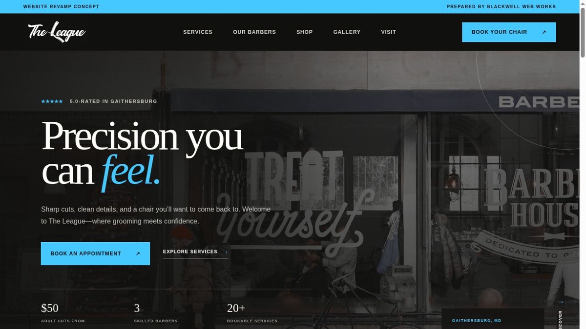 The League barbershop website preview